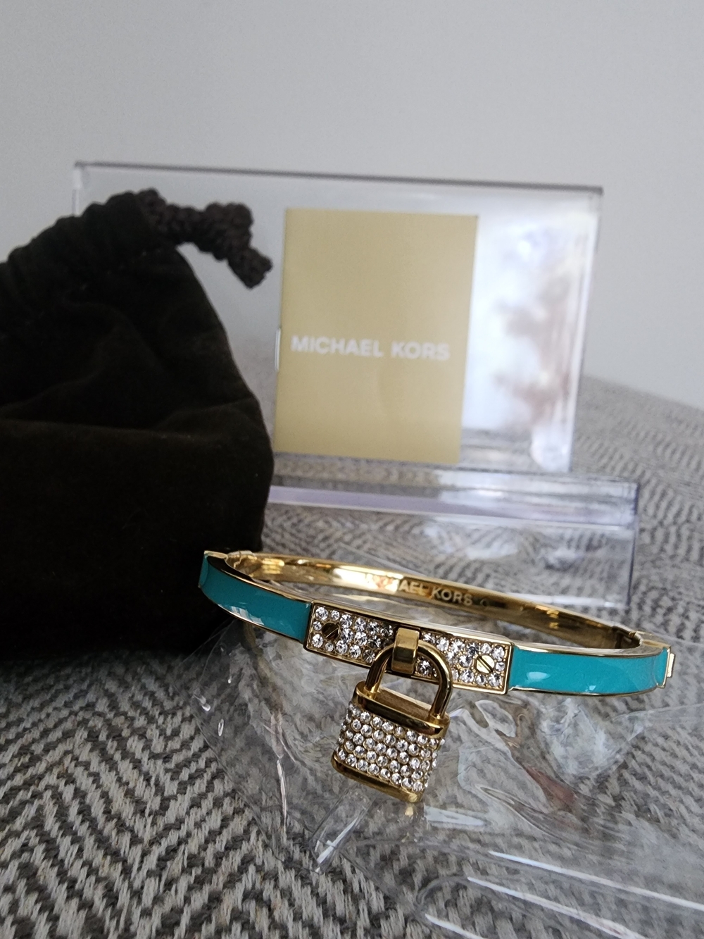Michael Kors Gold-Tone Turquoise Enamel Padlock Hinged Bangle Bracelet W/dustbag